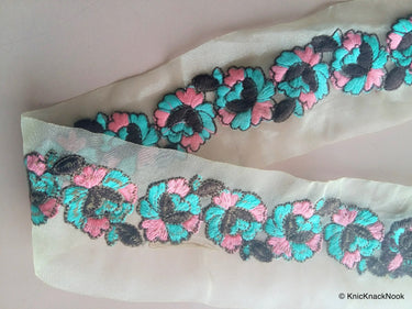 Wholesale Sheer Gold Fabric Trim With Blue And Pink Floral Thread Embroidery 9 Yard Lace, Embroidered Trim,